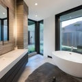 11 A contemporary bathroom with a freestanding bathtub, glass shower, and minimalist design2, Generative AI