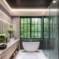 11 A contemporary bathroom with a freestanding bathtub, glass shower, and minimalist design3, Generative AI