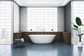 Contemporary bathroom interior with bathtub, abstract windows and reflections on concrete flooring. Royalty Free Stock Photo