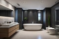 Contemporary bathroom interior with double vanity and freestanding tub, bidet toilet, dark wall, LED lighting, indoor plants Royalty Free Stock Photo