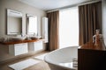 Contemporary bathroom interior, great design. Modern bathroom interior. Nobody inside. Wood texture. Royalty Free Stock Photo