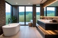 Contemporary bathroom interior, vanity, freestanding tub, round stool, mirror, big window, LED lighting, natural materials, plant Royalty Free Stock Photo