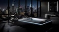 Contemporary bathroom with Jacuzzi, panoramic windows, night city view with light, quiet luxury