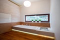 Contemporary bathtub in wooden bathroom