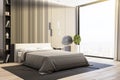 Contemporary bedroom with bed, household supplies and city view