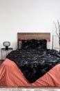 Bedroom with black blanket and coral bedsheets