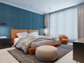 Contemporary bedroom with a blue and white wall and an orange bed and a chair with a beige ottoman