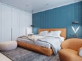 Contemporary bedroom with a blue and white wall and an orange bed and a chair with a beige ottoman