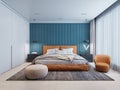 Contemporary bedroom with a blue and white wall and an orange bed and a chair with a beige ottoman