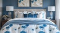 A contemporary bedroom featuring semi-transparent floral print bedding, with walls adorned with cyanotype effect floral