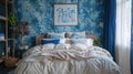 A contemporary bedroom featuring semi-transparent floral print bedding, with walls adorned with cyanotype effect floral