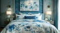 A contemporary bedroom featuring semi-transparent floral print bedding, with walls adorned with cyanotype effect floral