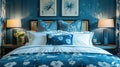 A contemporary bedroom featuring semi-transparent floral print bedding, with walls adorned with cyanotype effect floral