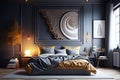 Contemporary bedroom with a large painting and plant. A large bed. Real estate. Daylight. Real estate agent. Interior decorator. H Royalty Free Stock Photo