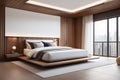 A contemporary bedroom with low platform bed textured white bedding and wooden accent