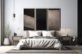 Contemporary bedroom with a spacious white wall and an empty frame mockup, inviting creativity and customization. Generative AI