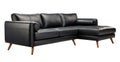 Contemporary black leather sectional sofa with a chaise and round bolsters on angled wooden legs, isolated against a Royalty Free Stock Photo