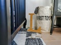 Contemporary black and white baby nursery with a large storage bag for toys