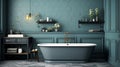 Contemporary blue and green bathroom interior with bathtub and tiled wall in kinfolk style