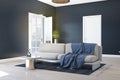Contemporary blue living room interior with furniture, wooden floor, sofa with pillows, balcony doors, city view and sunlight. 3D Royalty Free Stock Photo