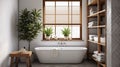 Contemporary bright bathroom interior with bathtub and kinfolk style tiles wall design