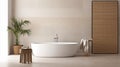 Contemporary bright bathroom interior with bathtub and tiled wall, kinfolk style design