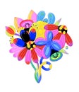 Contemporary bright vector flowers with black outline. Vibrant floral bouquet. Baloon style. Modern art