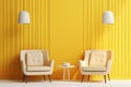 Contemporary bright yellow interior with two armchairs and table. Empty wall for mockup Royalty Free Stock Photo