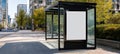 The contemporary bus shelter with an empty advertisement space in a modern urban setting. AI generated image Royalty Free Stock Photo