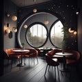 Contemporary cafe interior with round window, round table and chairs. generative ai