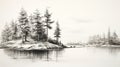 Contemporary Canadian Art: Black And White Realism Sketch Of Pine Trees Along Water Royalty Free Stock Photo
