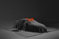 contemporary car hidden under black cloth with red ribbon