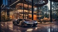 A contemporary car showroom with a glass wall showcasing HD glass wall mockup 1920 * 1080 background.