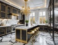 A contemporary, chic kitchen featuring stylish black and white cabinets, golden fixtures, and marble tiles