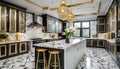 A contemporary, chic kitchen featuring stylish black and white cabinets, golden fixtures, and marble tiles