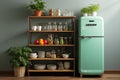 Contemporary Chic: Modern Kitchen with White-Green Shelf and Refrigerator. Generative AI