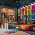 A contemporary childrens playroom with modular furniture and vibrant interactive wall panels3