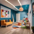 A contemporary childrens playroom with modular furniture and vibrant interactive wall panels4