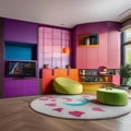 A contemporary childrens playroom with modular furniture and vibrant interactive wall panels1