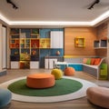 A contemporary childrens playroom with modular furniture and vibrant interactive wall panels2