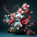 Contemporary Chinese Art Inspired 3d Floral Arrangements In Teal And Pink