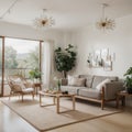 Contemporary classic white beige interior with furniture and decor - carpet background Large modern japanese lamp and nature