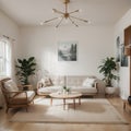 Contemporary classic white beige interior with furniture and decor - carpet background Large modern japanese lamp and nature