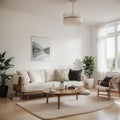 Contemporary classic white beige interior with furniture and decor - carpet background Large modern japanese lamp and nature