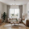 Contemporary classic white beige interior with furniture and decor - carpet background Large modern japanese lamp and nature