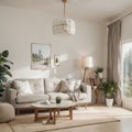 Contemporary classic white beige interior with furniture and decor - carpet background Large modern japanese lamp and nature