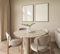 Contemporary classic white beige interior with furniture and decor. Dining room with living room. 3d render illustration Royalty Free Stock Photo