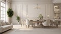 Contemporary classic white beige interior with furniture and decor. Dining room with living room. 3d render illustration mockup. Royalty Free Stock Photo