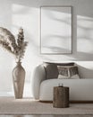 Contemporary classic white beige interior with furniture, dry leaves in vase and decor. 3d rendering illustration mockup Royalty Free Stock Photo