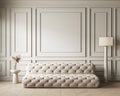 Contemporary classic white beige interior with moldings sofa and decor.